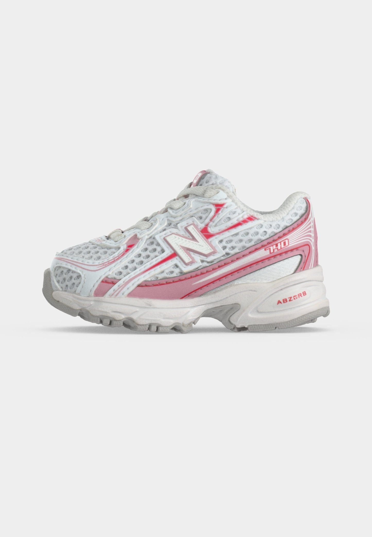 Zapatilla deportiva blanca y rosa con parte superior de malla, suela acolchada y logo "N" en el lateral, vista desde el lado exterior.
