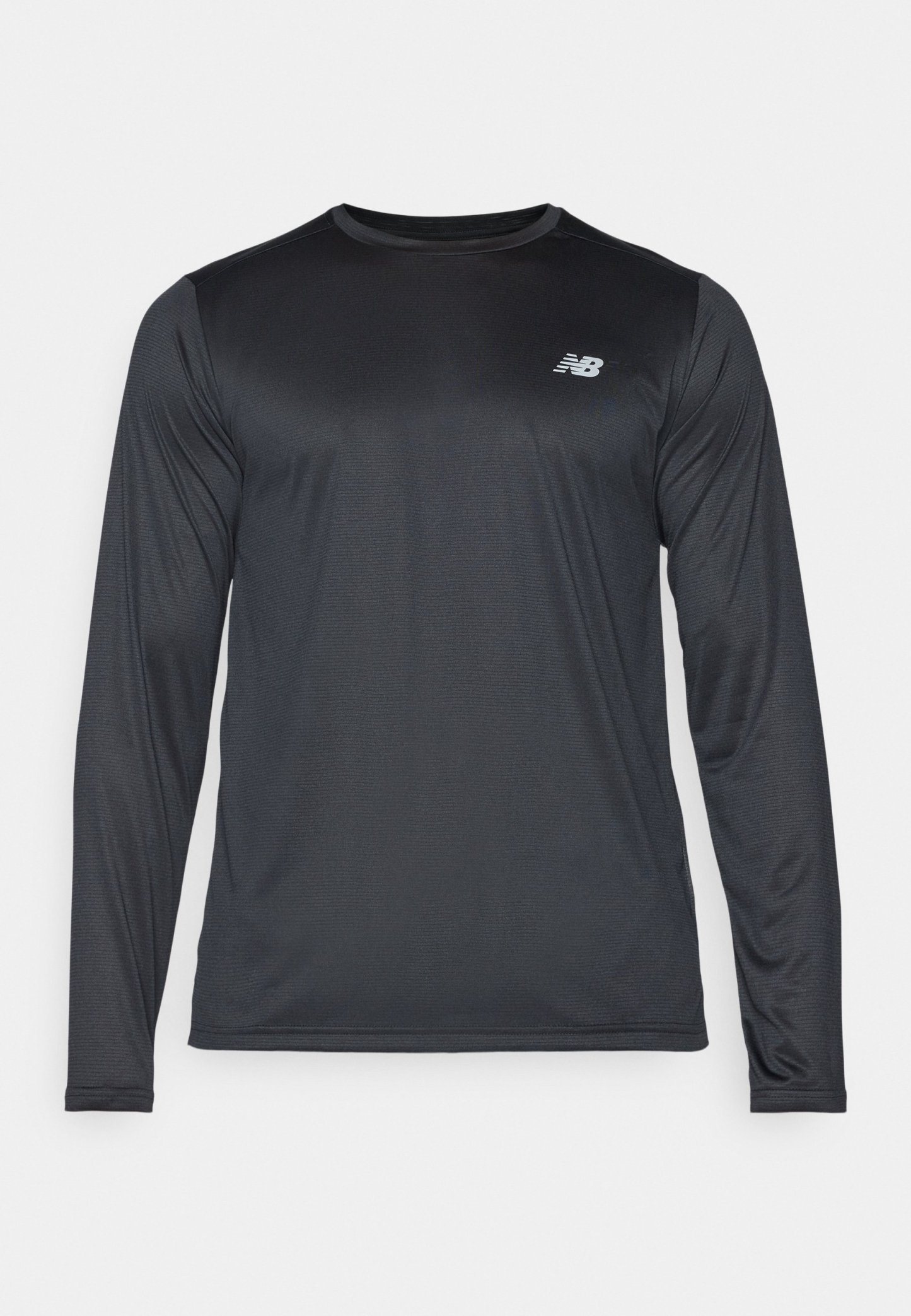 Camiseta atlética de manga larga en negro, hecha de una tela suave y ligera con una sutil textura. Presenta un pequeño logo en la parte superior izquierda del pecho.