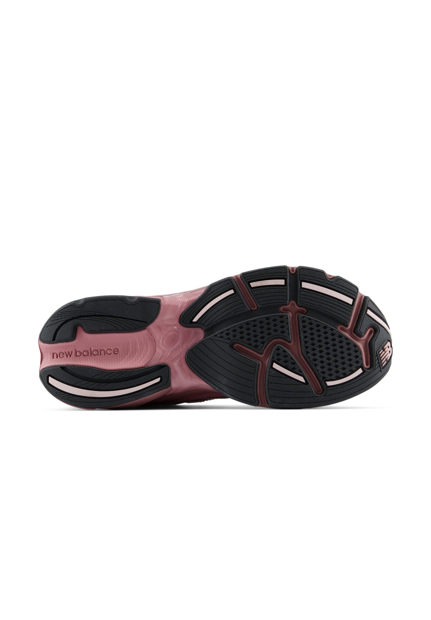 Suela de un zapato New Balance que muestra un diseño de dibujo en negro y rosa con agarre texturizado y el nombre de la marca en la zona del talón.
