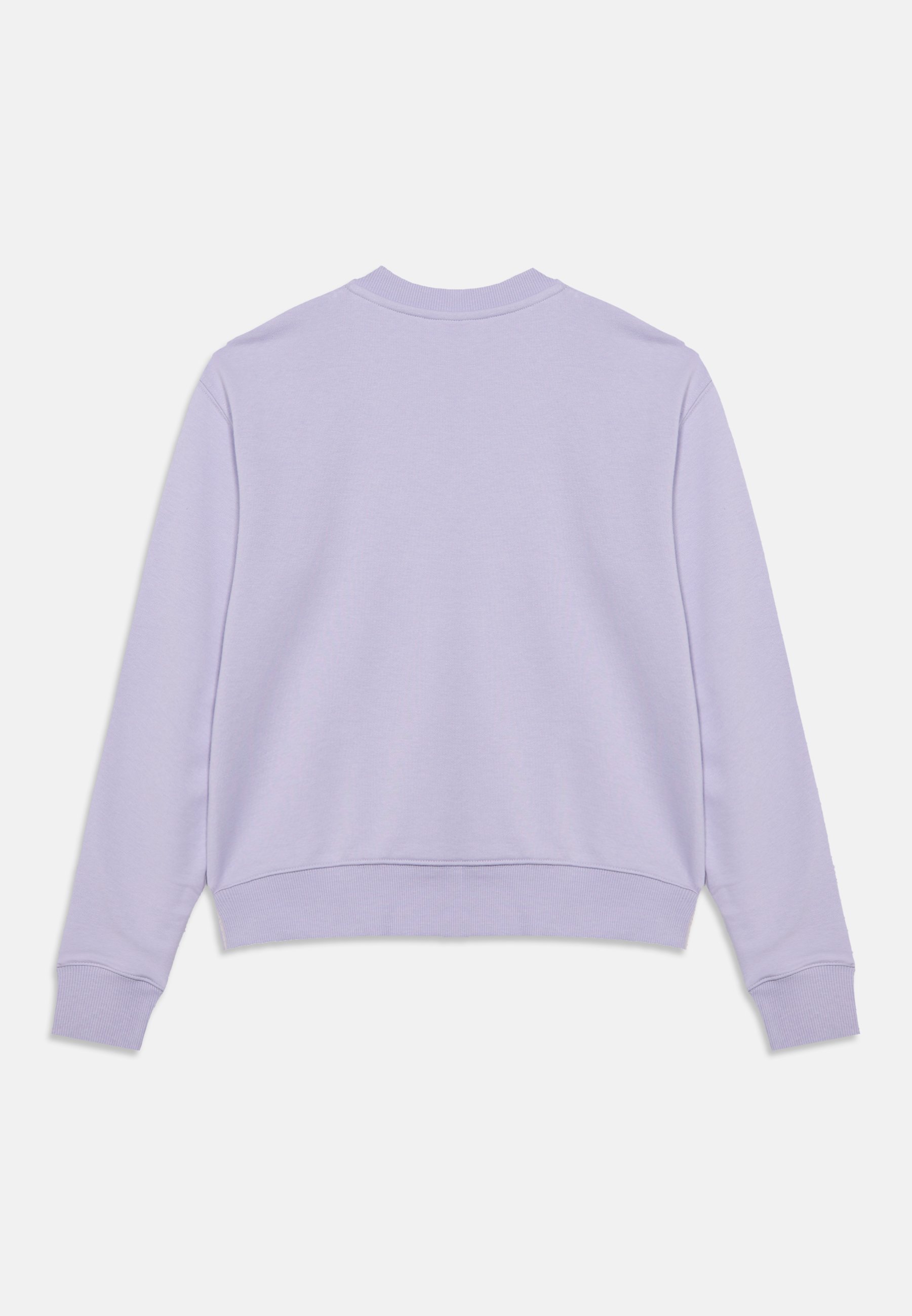 Sudadera de manga larga de color morado claro con puños, bajo y cuello redondo de canalé, mostrada desde atrás sobre un fondo blanco liso.
