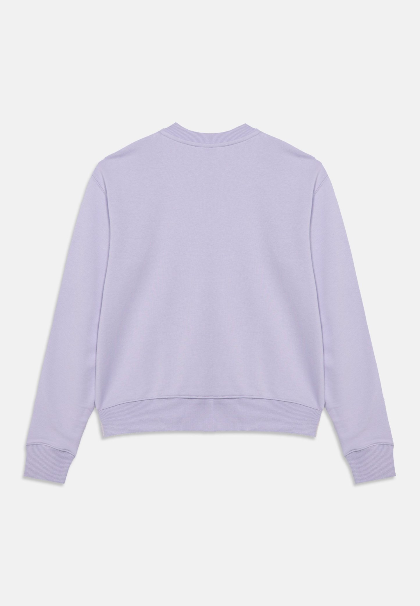 Sudadera de manga larga de color morado claro con puños, bajo y cuello redondo de canalé, mostrada desde atrás sobre un fondo blanco liso.