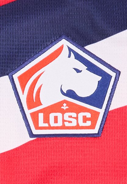 Logotipo hexagonal con una cabeza de perro blanca mirando hacia la derecha, fondo rojo y azul, y las letras LOSC en blanco negrita sobre rojo.