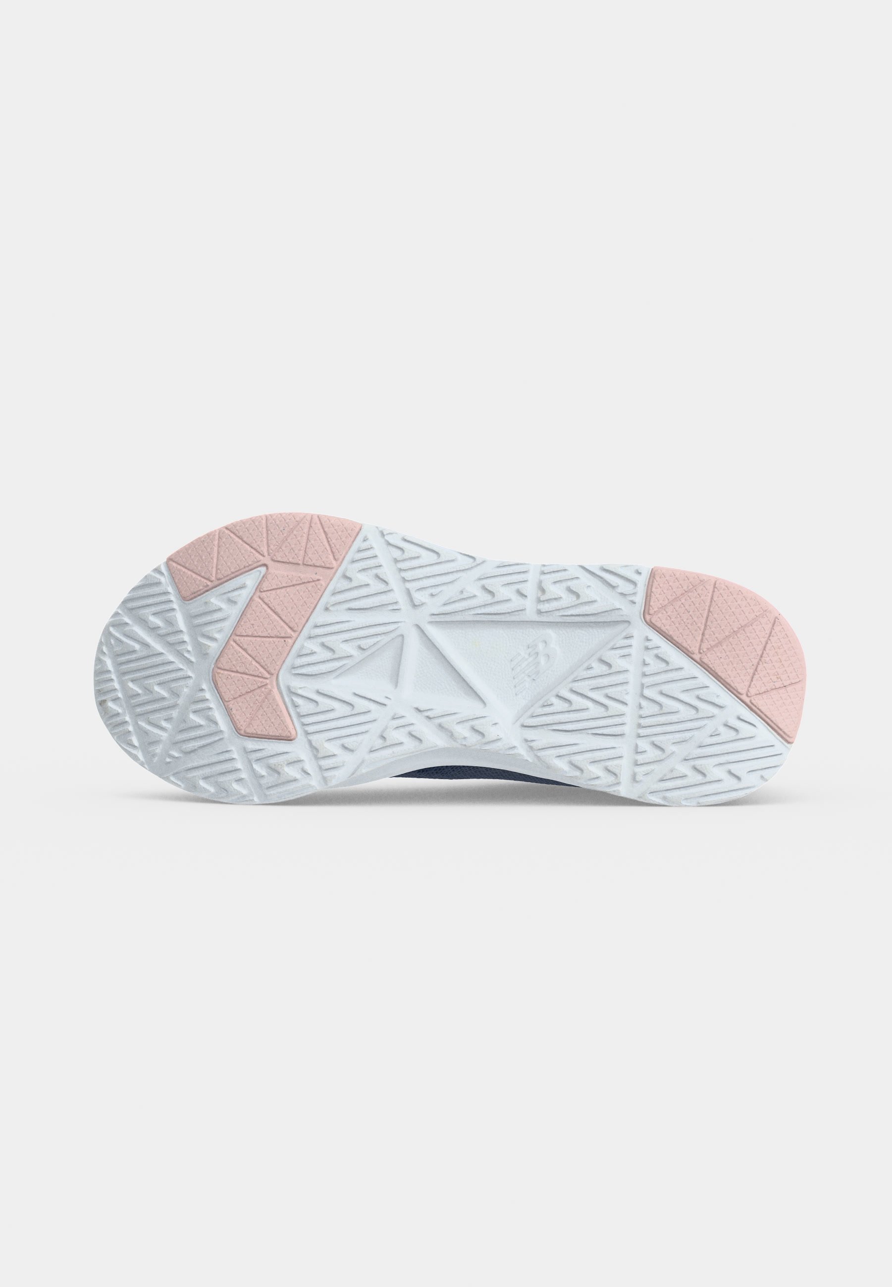 Suela de zapato con patrones de dibujo geométricos blancos y rosas, con zonas de agarre texturizadas y un diseño triangular elevado central.