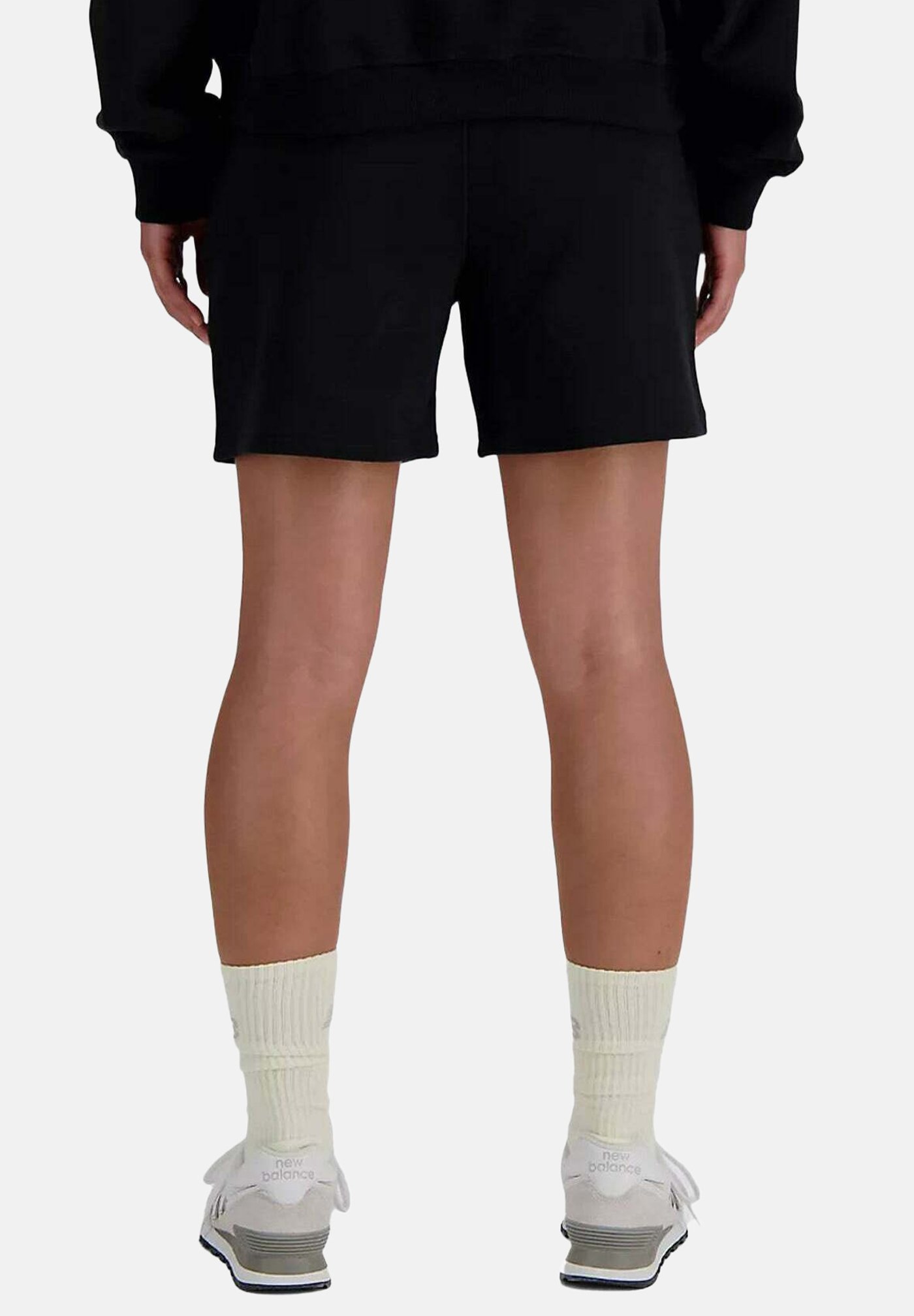 Persona con pantalones cortos negros, calcetines crema hasta la pantorrilla y zapatillas blancas New Balance, vista desde atrás sobre un fondo liso.