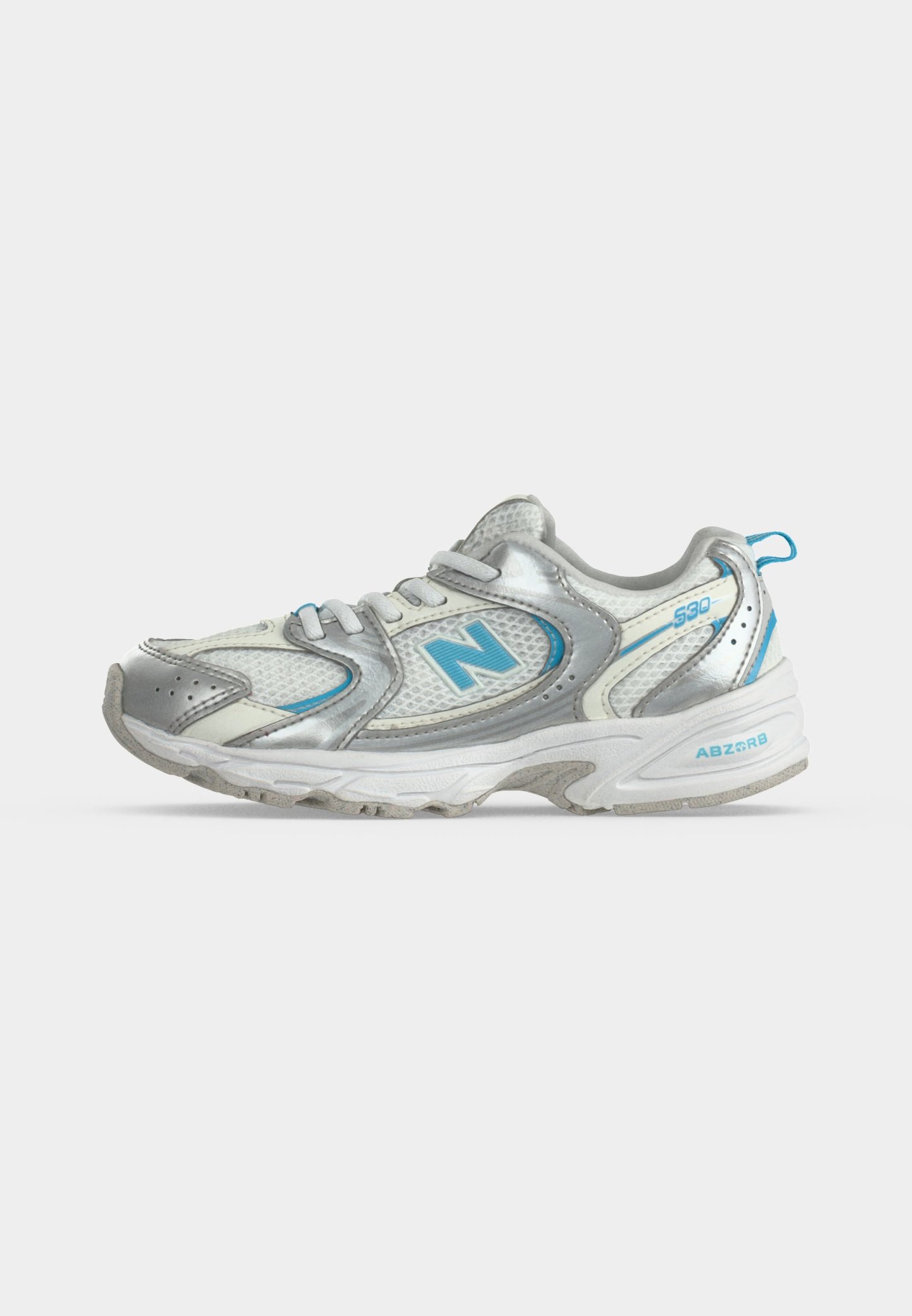 Zapatilla de running New Balance plateada y blanca con detalles azules, parte superior de malla, cierre de cordones y suela acolchada con tecnología ABZORB.