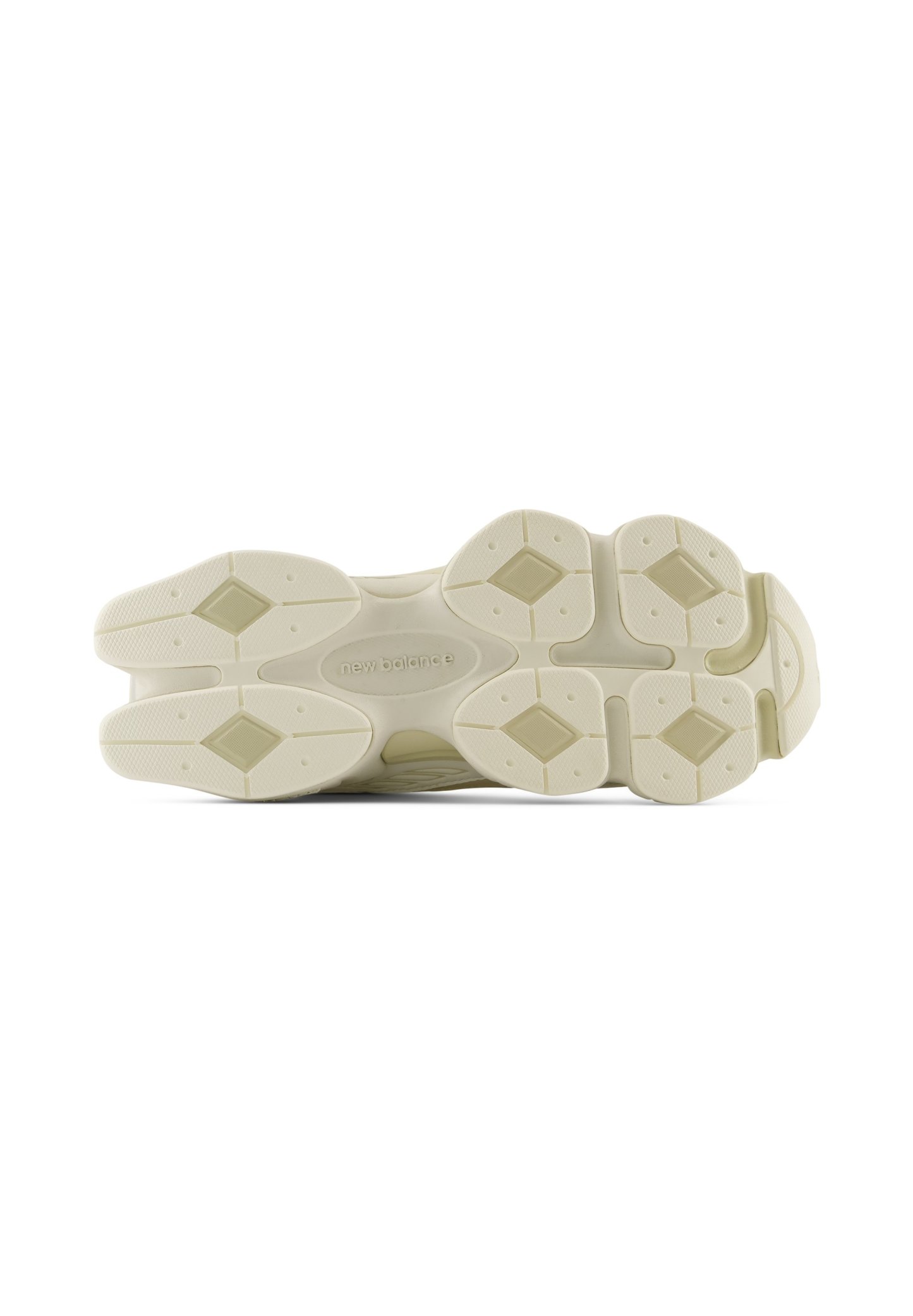 Suela beige de zapatilla New Balance con patrones de dibujo en forma de diamante y el nombre de la marca en relieve en el centro.