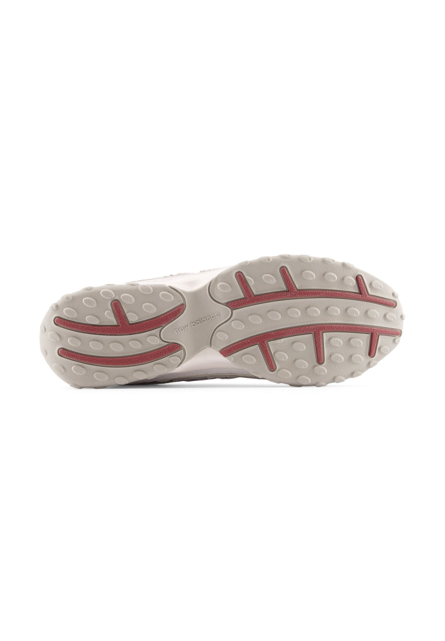 Suela exterior de zapato deportivo ligero en gris pálido con goma texturizada para tracción y detalles en rojo en el diseño de la suela.