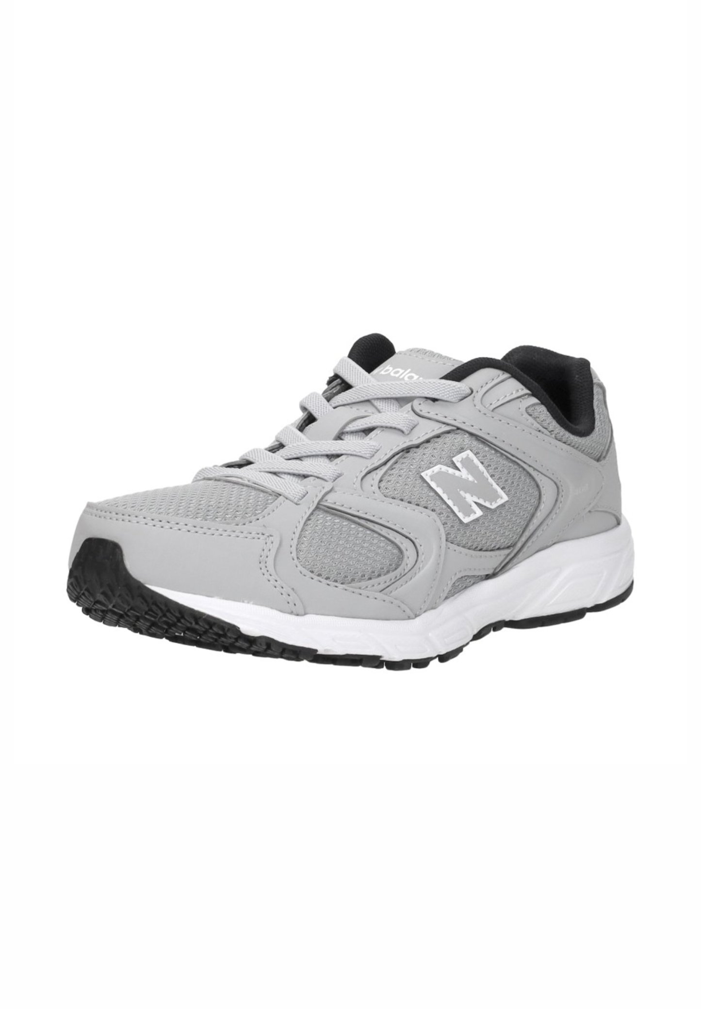 Zapatilla de correr New Balance en gris y negro con parte superior de malla y sintética, cierre de cordones y suela de goma texturizada.