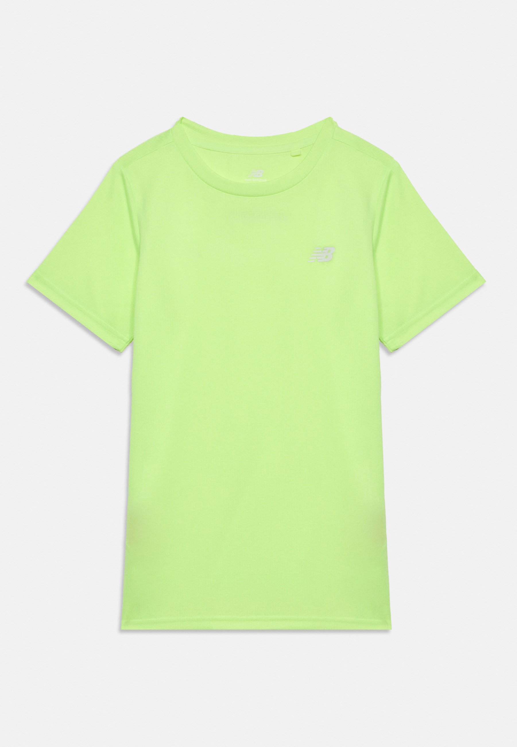 Camiseta deportiva de manga corta en verde neón con cuello redondo y pequeño logo blanco en la parte superior izquierda del pecho.