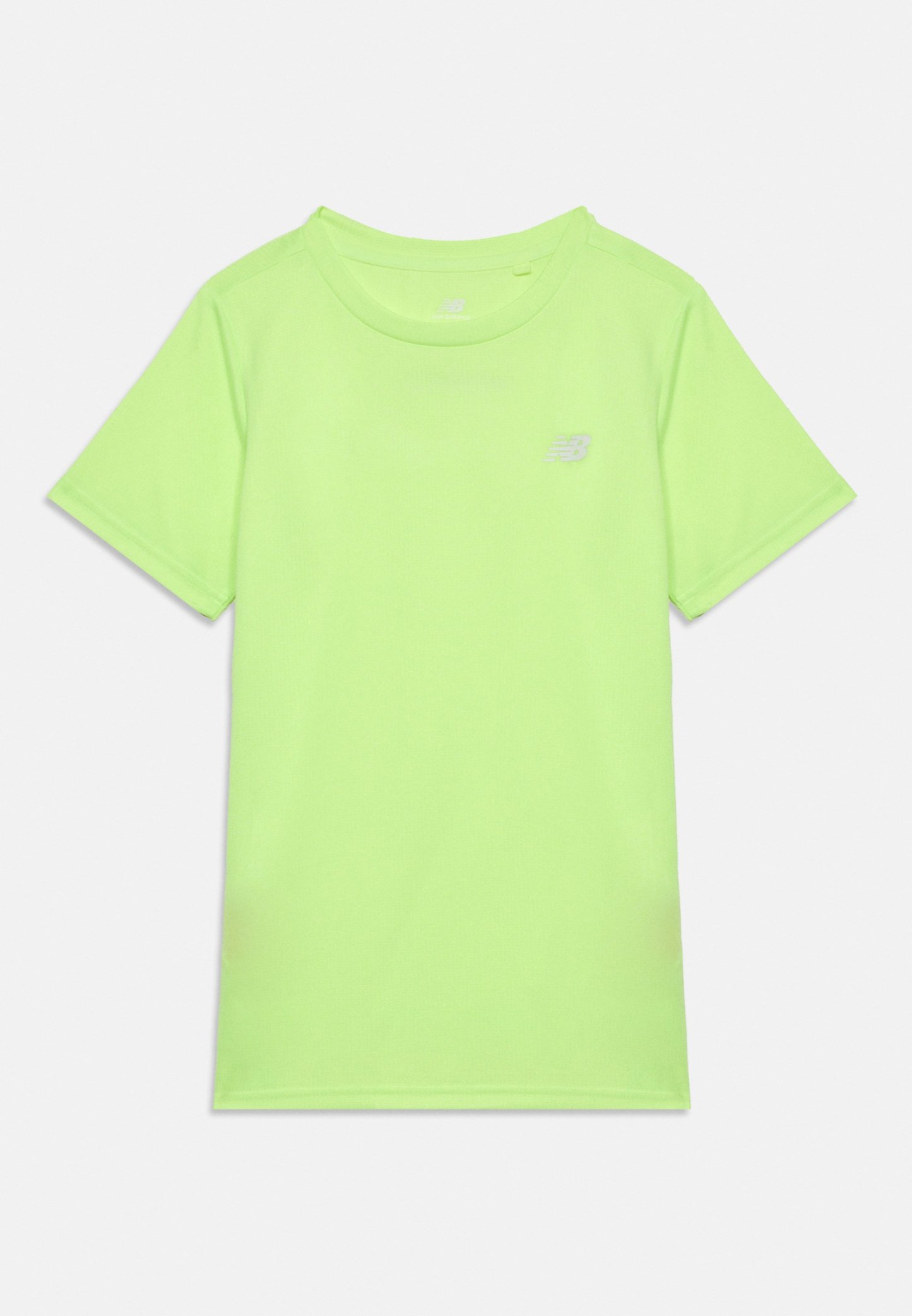 Camiseta deportiva de manga corta en verde neón con cuello redondo y pequeño logo blanco en la parte superior izquierda del pecho.