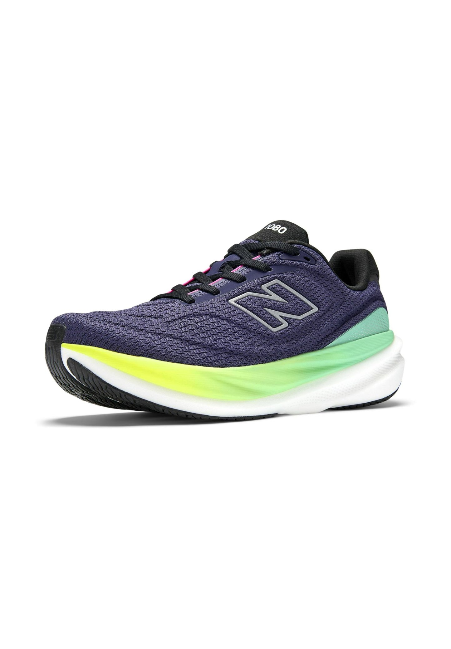Zapatilla de running New Balance 1080 para hombre en malla azul marino con cordones negros y suela con gradiente de amarillo a verde sobre fondo blanco.
