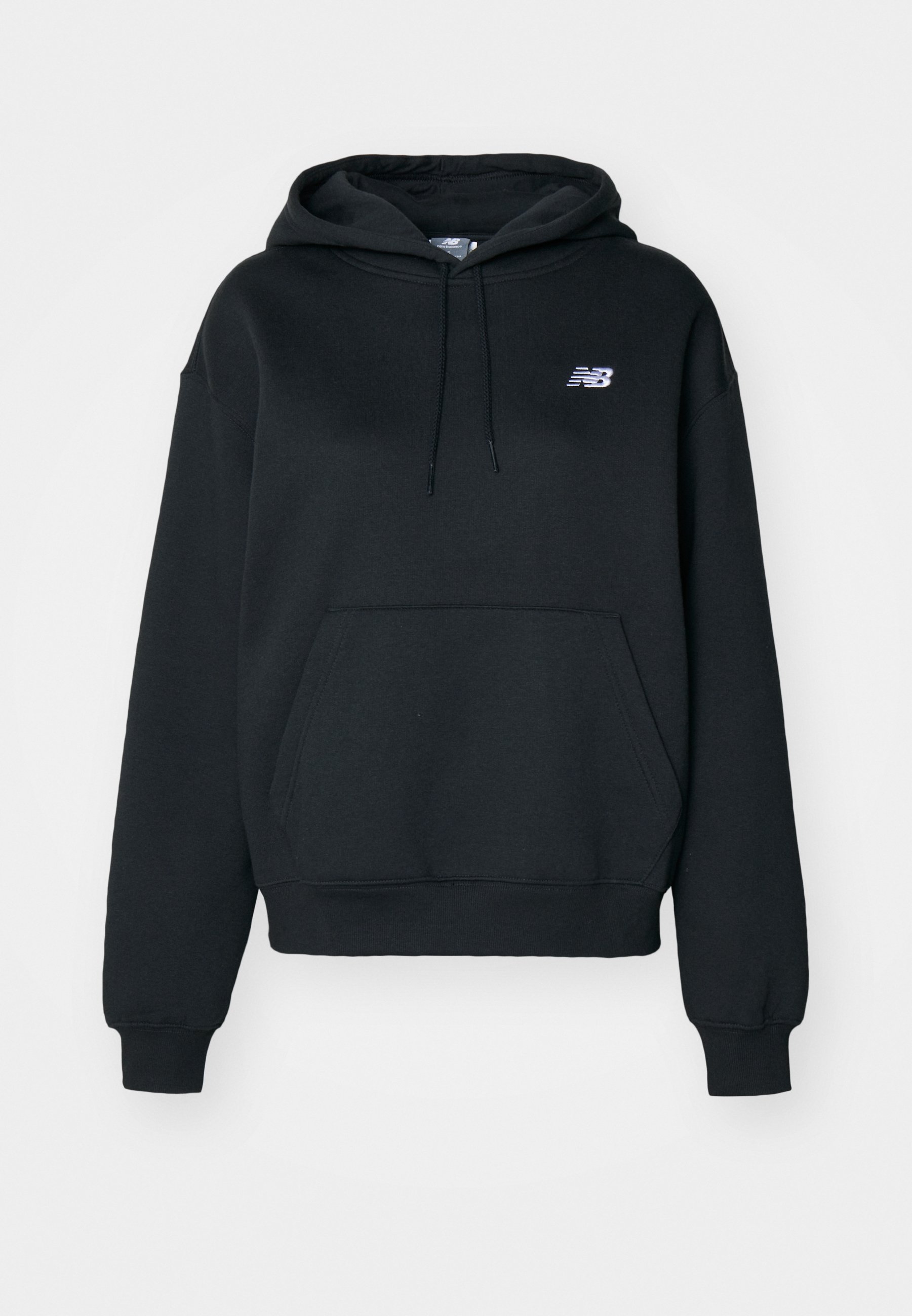 Sudadera negra de mezcla de algodón, con bolsillo tipo canguro, capucha con cordón y logo bordado en el lado izquierdo del pecho.