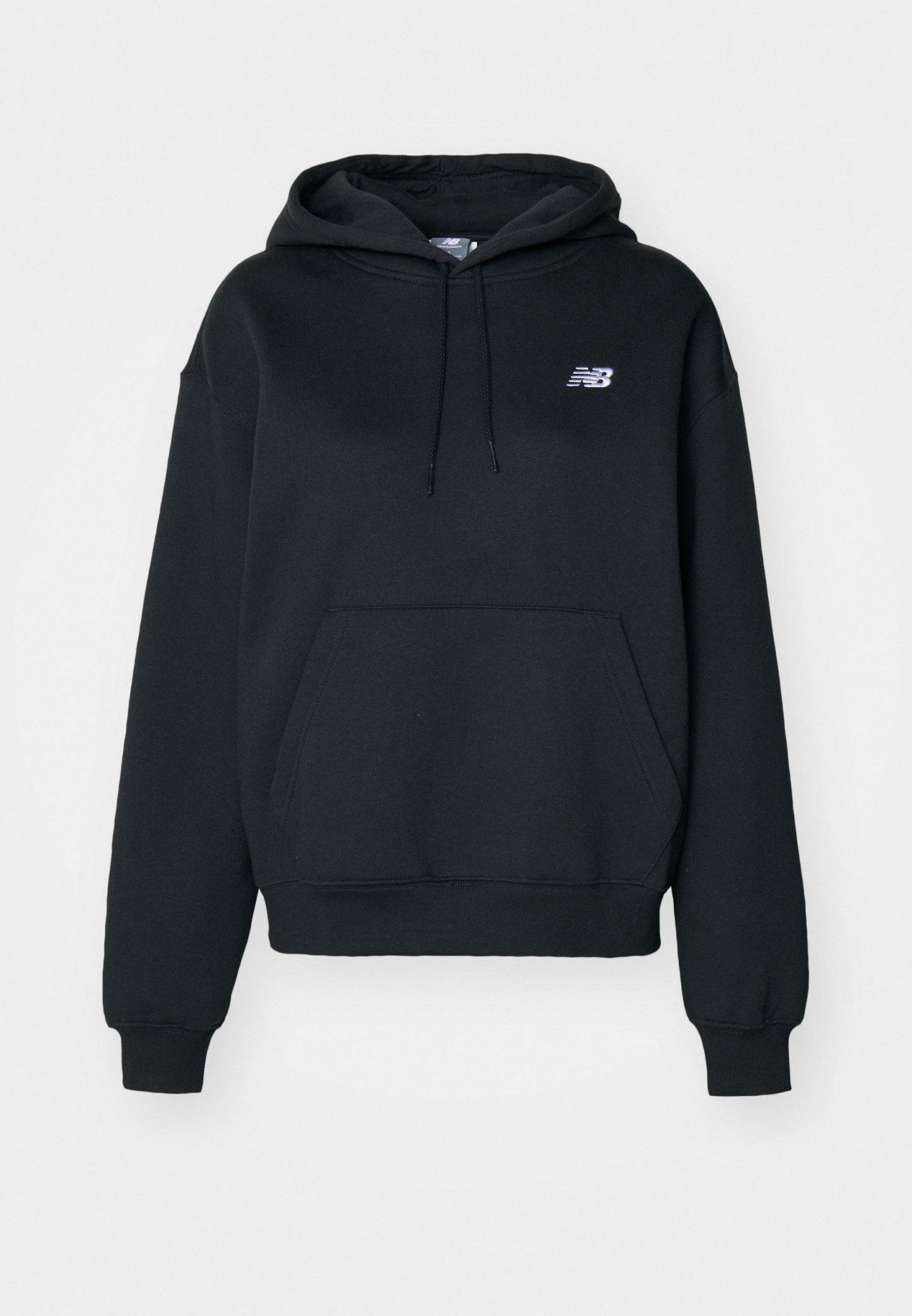 Sudadera negra de mezcla de algodón, con bolsillo tipo canguro, capucha con cordón y logo bordado en el lado izquierdo del pecho.