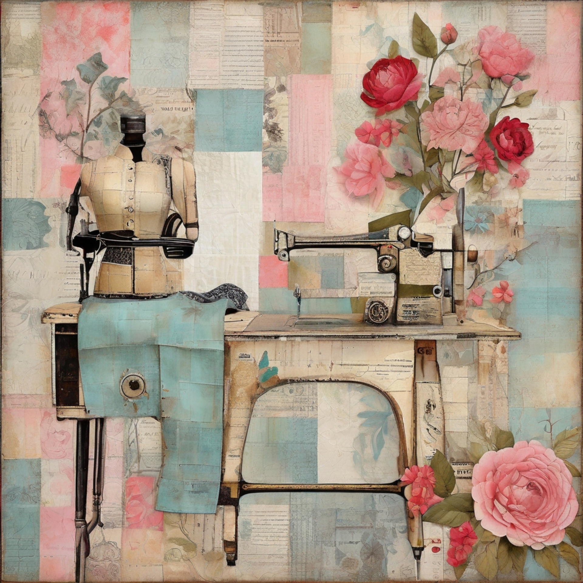 Vintage mixed media patchwork art about sewing