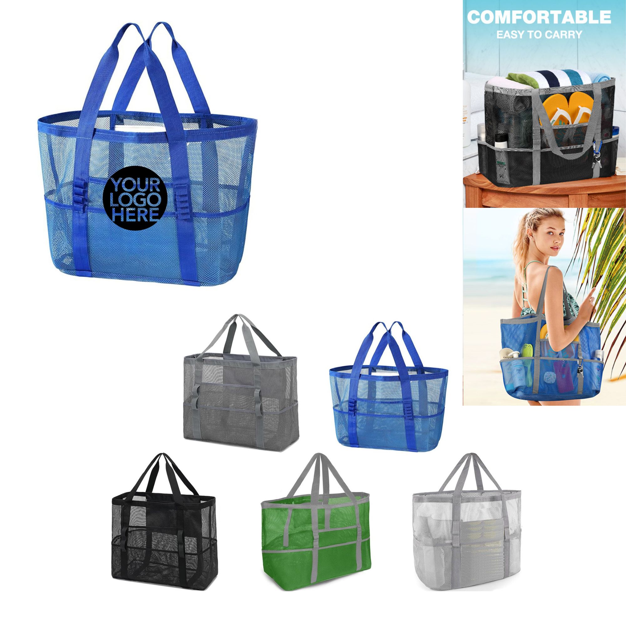 KPX Mesh Beach Tote: Large Foldable Mesh Pool Bag for Women with Small Pockets – Sandproof & Waterproof