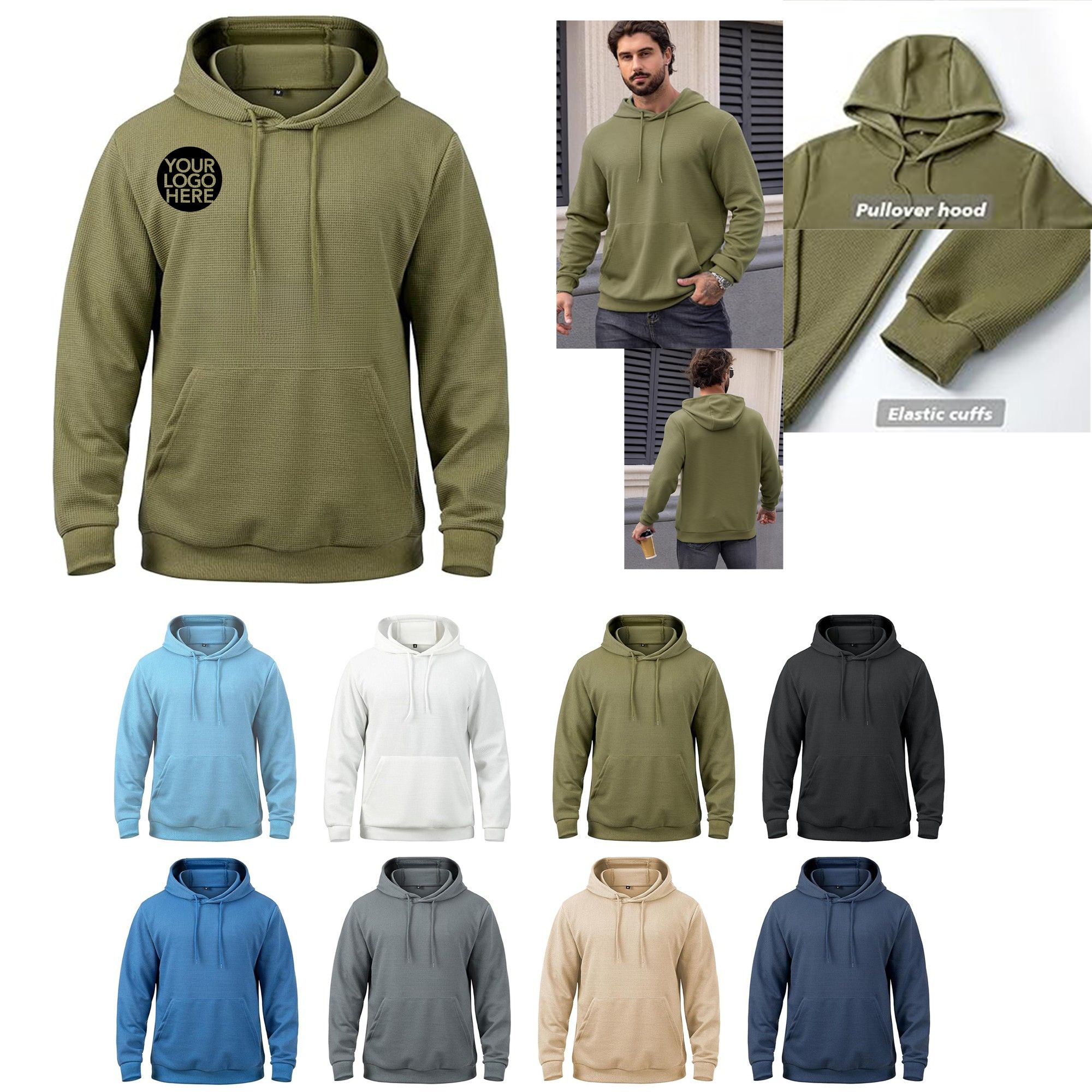 MANSDOUR Men's Casual Long Sleeve Waffle Knit Hoodie: Drawstring Pullover Sweatshirt with Pocket