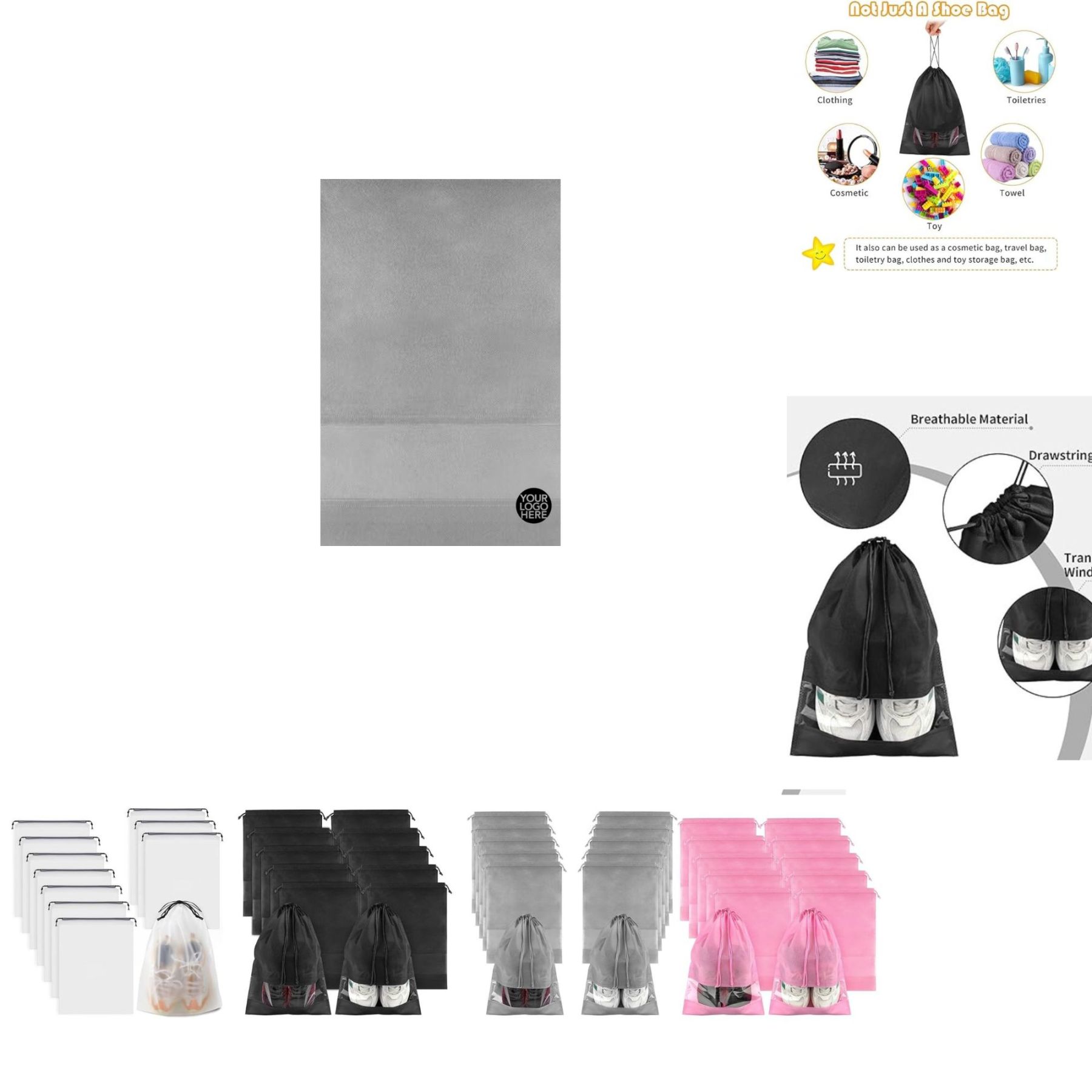 Non-Woven Travel Shoe Pouch with Drawstring and Clear Window