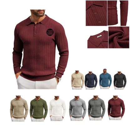 Men's Long-Sleeve Knit Polo: Casual Button-Down with Ribbed Details – Stylish Golf Shirt
