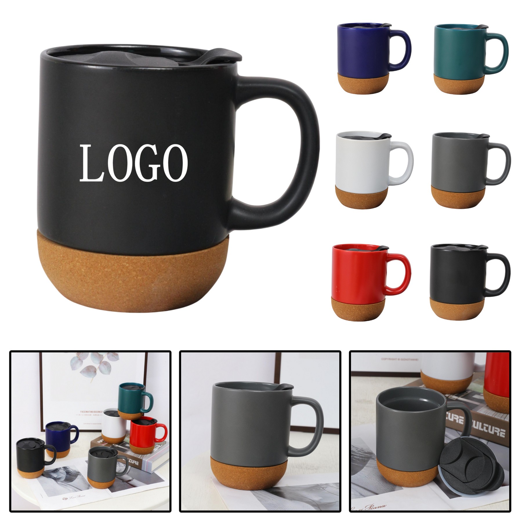 Cork Bottom Ceramic Mug & Lid 14oz