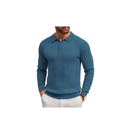 Men's Long-Sleeve Knit Polo: Casual Button-Down with Ribbed Details – Stylish Golf Shirt