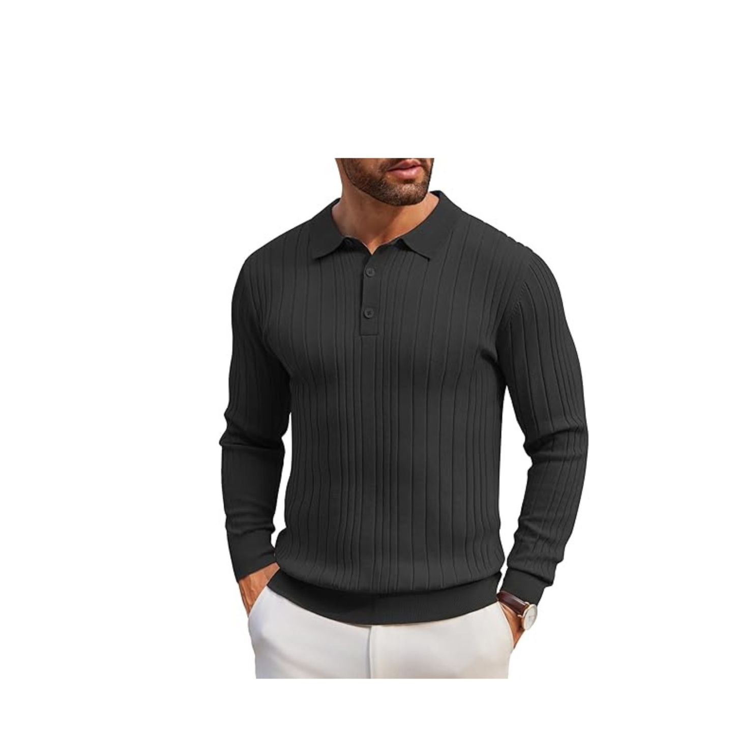 Men's Long-Sleeve Knit Polo: Casual Button-Down with Ribbed Details – Stylish Golf Shirt