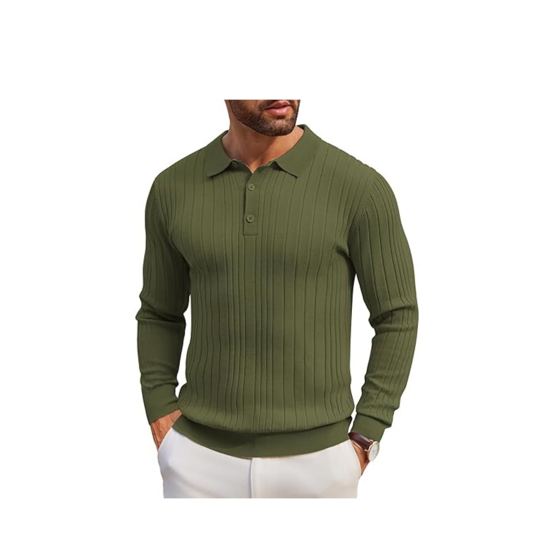 Men's Long-Sleeve Knit Polo: Casual Button-Down with Ribbed Details – Stylish Golf Shirt