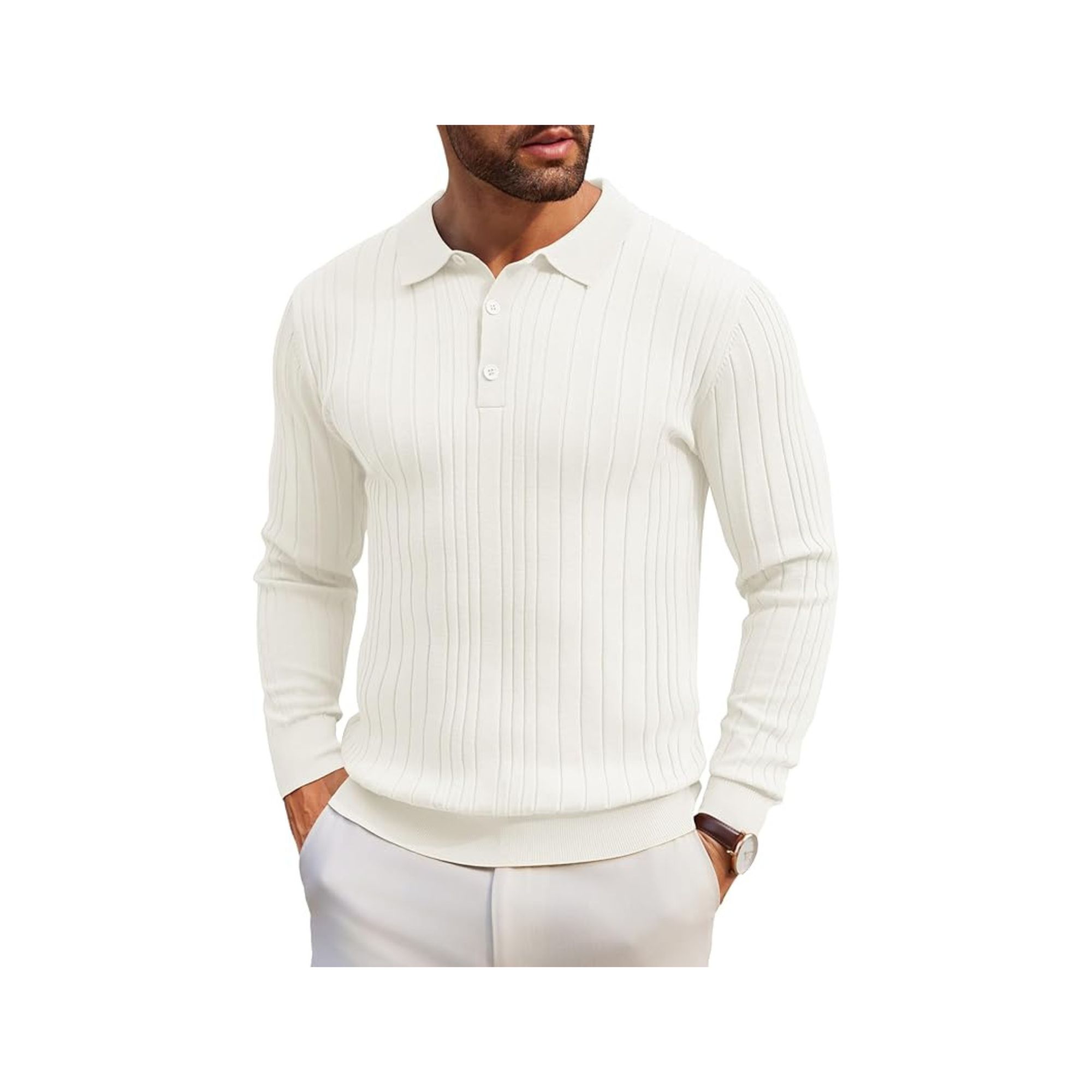 Men's Long-Sleeve Knit Polo: Casual Button-Down with Ribbed Details – Stylish Golf Shirt