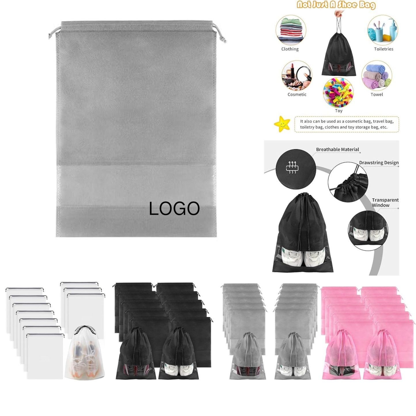 Non-Woven Travel Shoe Pouch with Drawstring and Clear Window