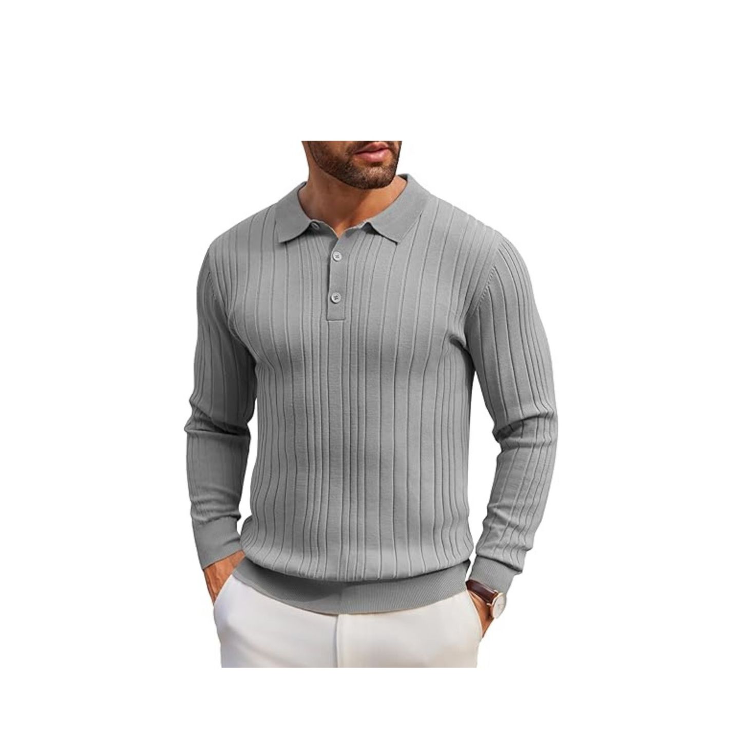 Men's Long-Sleeve Knit Polo: Casual Button-Down with Ribbed Details – Stylish Golf Shirt