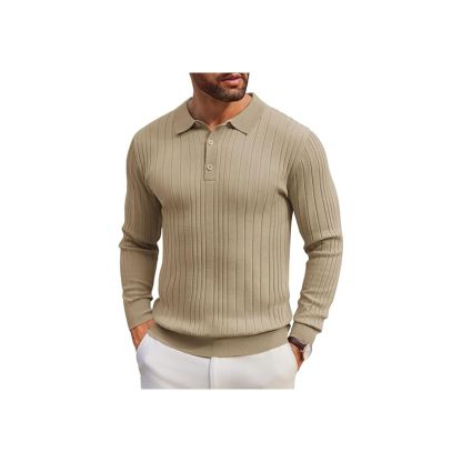 Men's Long-Sleeve Knit Polo: Casual Button-Down with Ribbed Details – Stylish Golf Shirt