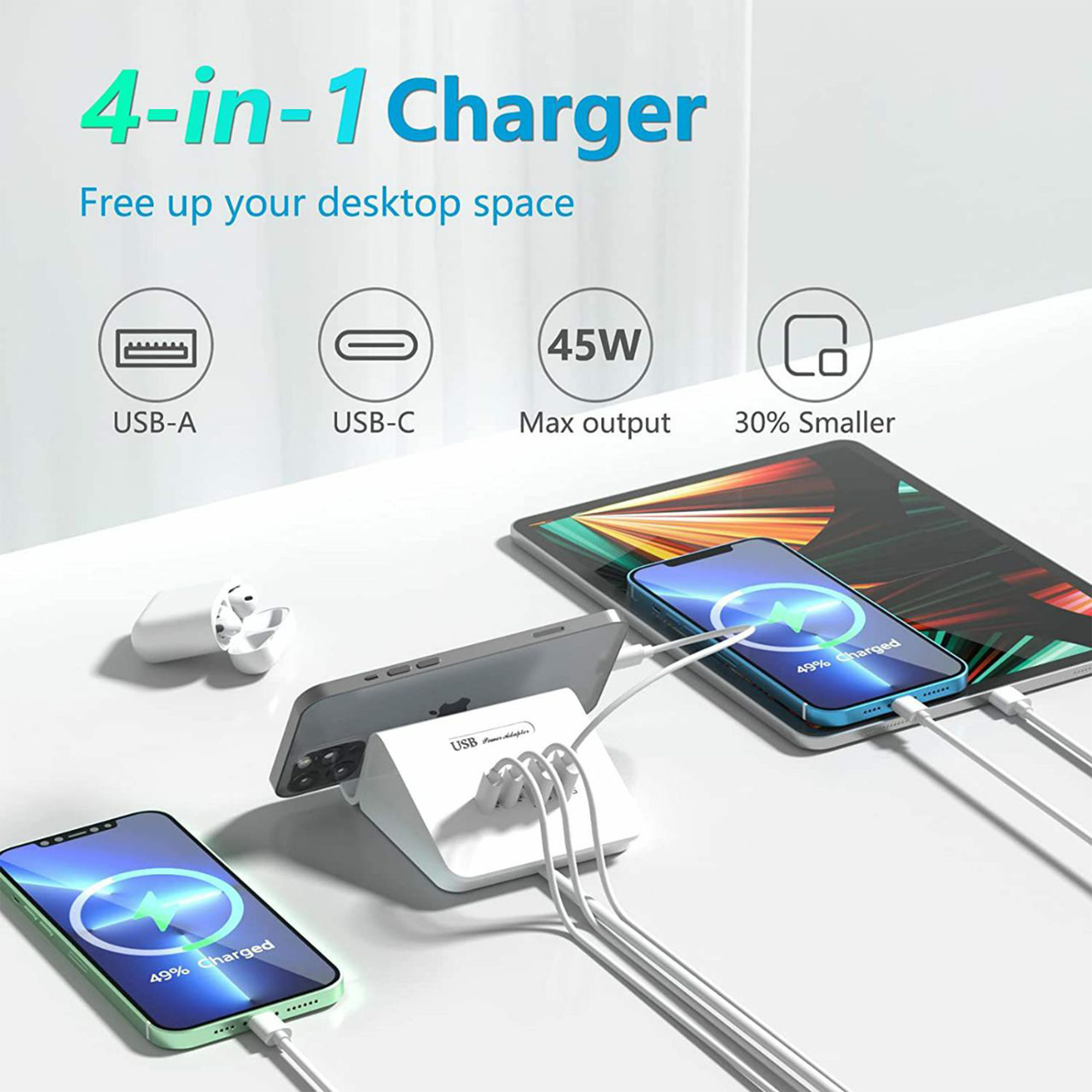 Compact Multi-Port USB Charger with Bracket - 45W Power