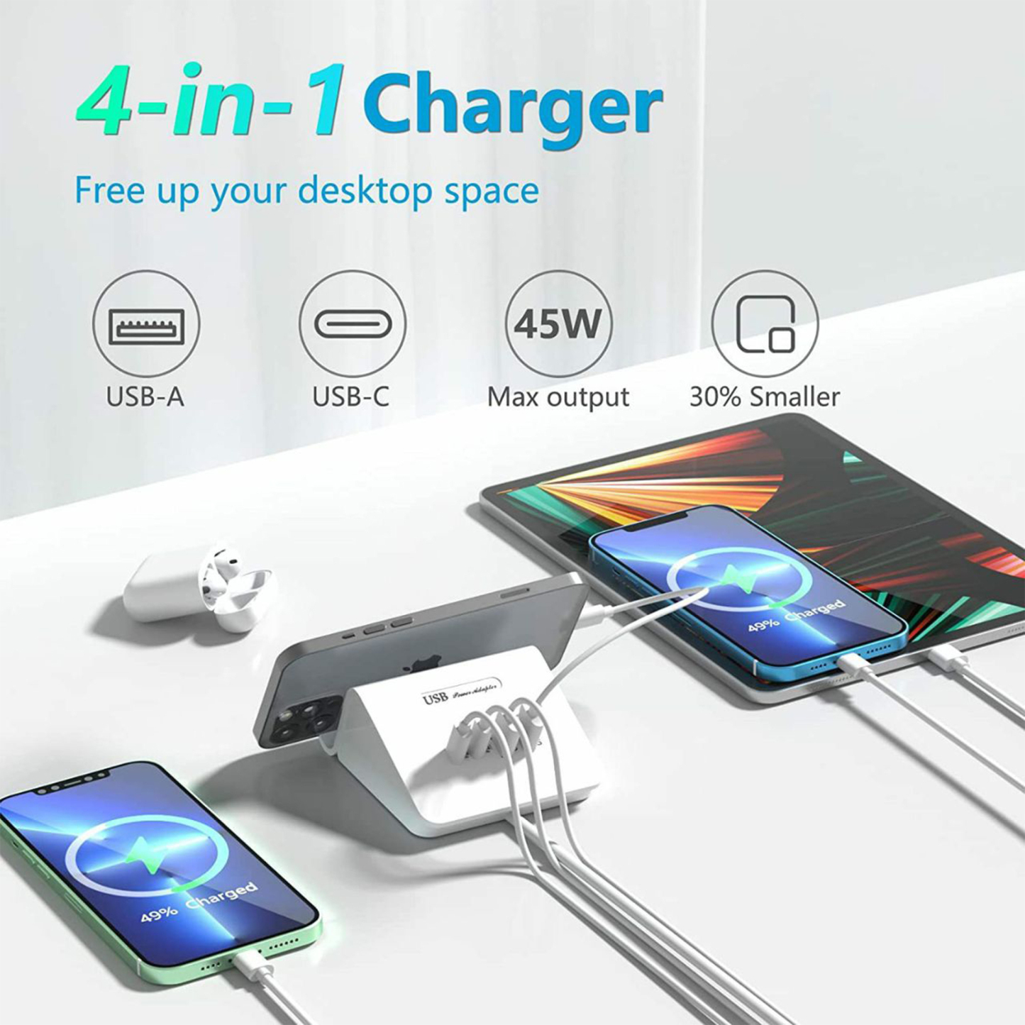  Compact Multi-Port USB Charger with Bracket - 45W Power