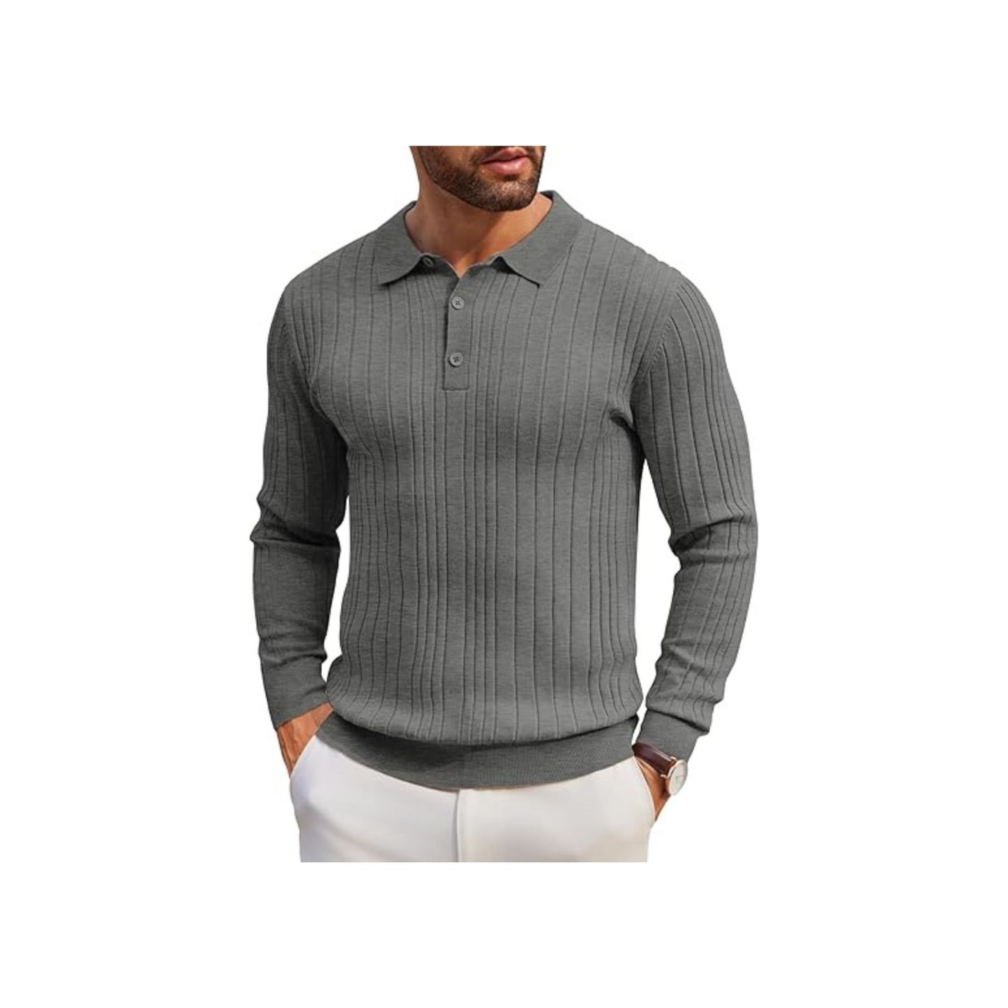 Men's Long-Sleeve Knit Polo: Casual Button-Down with Ribbed Details – Stylish Golf Shirt