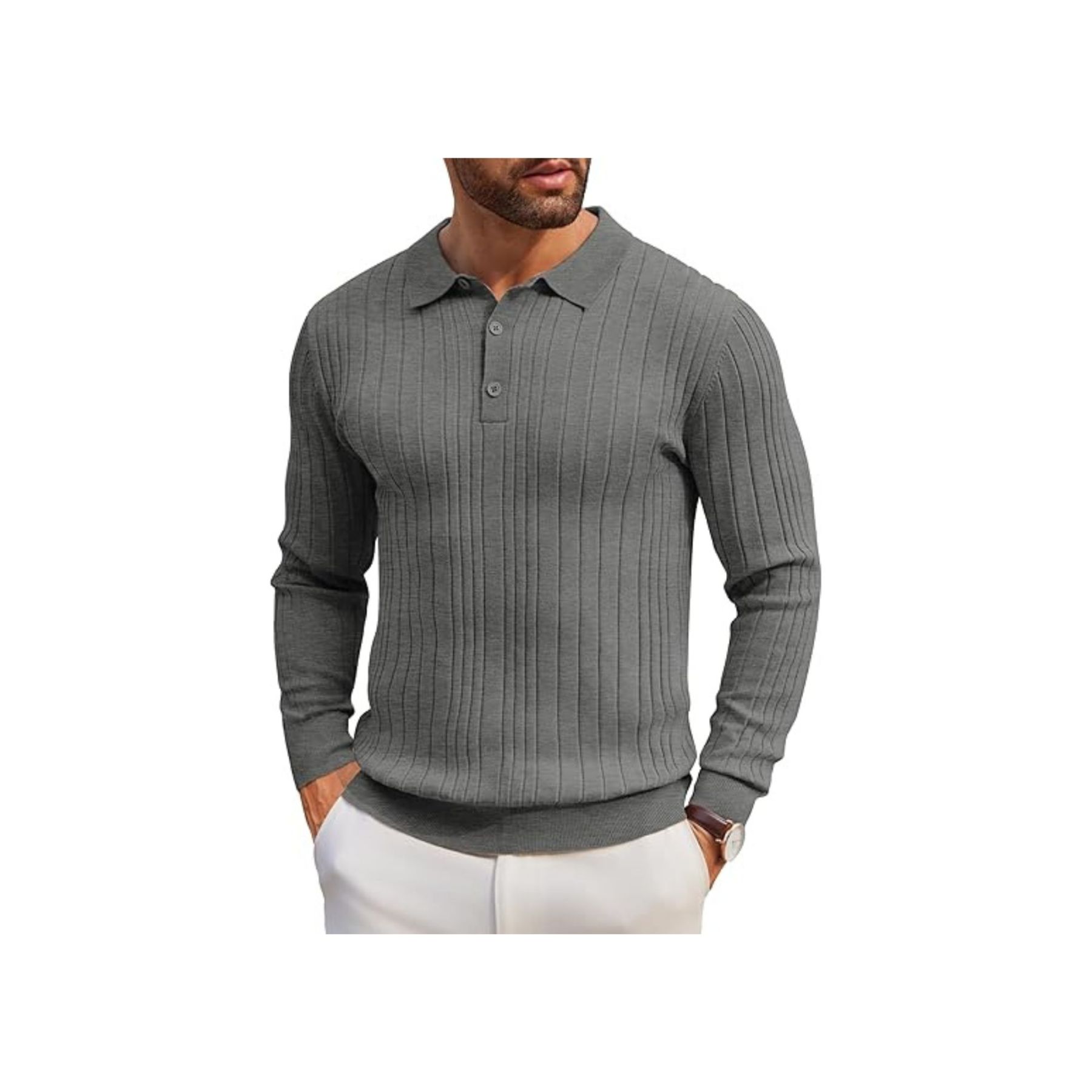 Men's Long-Sleeve Knit Polo: Casual Button-Down with Ribbed Details – Stylish Golf Shirt