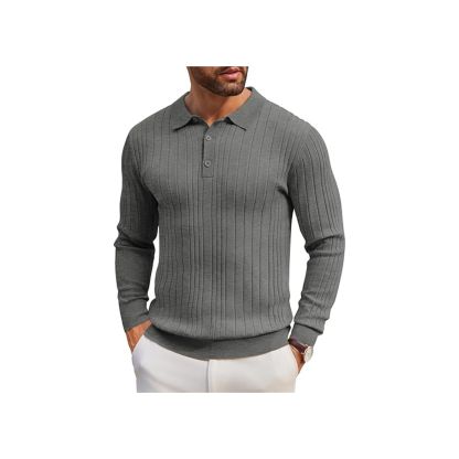Men's Long-Sleeve Knit Polo: Casual Button-Down with Ribbed Details – Stylish Golf Shirt