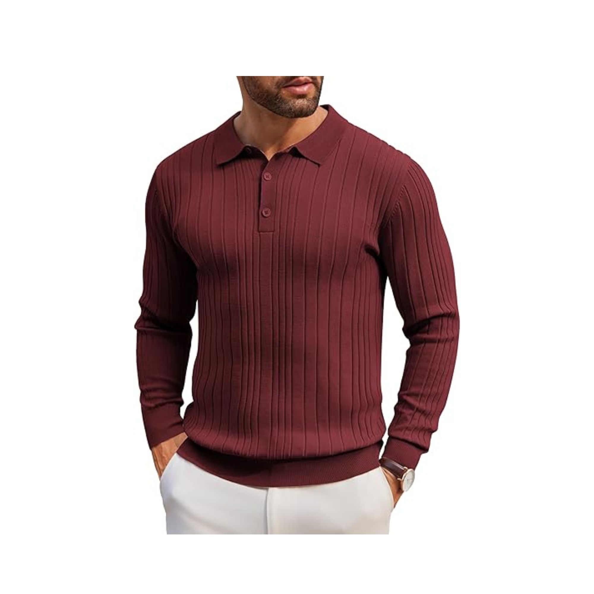 Men's Long-Sleeve Knit Polo: Casual Button-Down with Ribbed Details – Stylish Golf Shirt