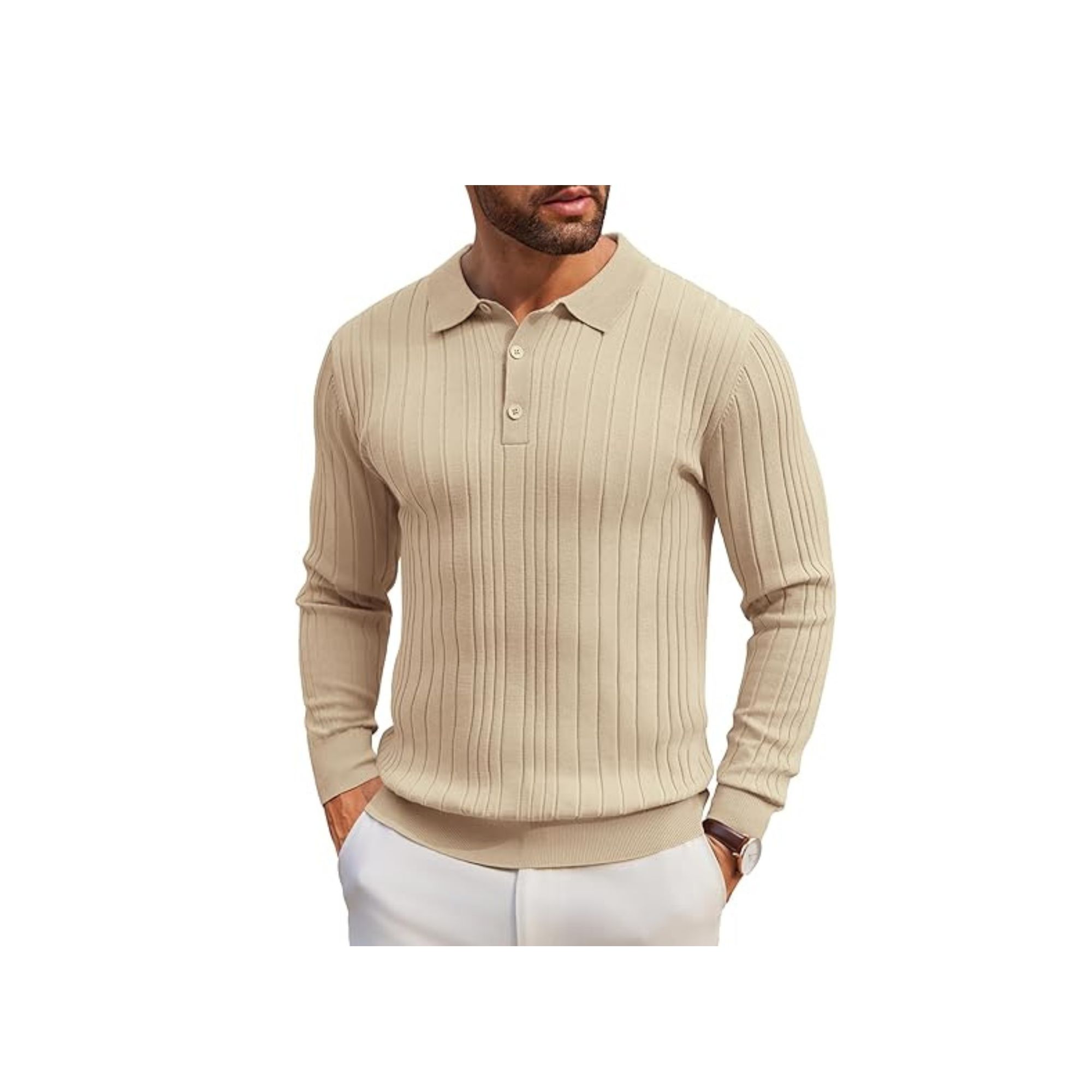 Men's Long-Sleeve Knit Polo: Casual Button-Down with Ribbed Details – Stylish Golf Shirt