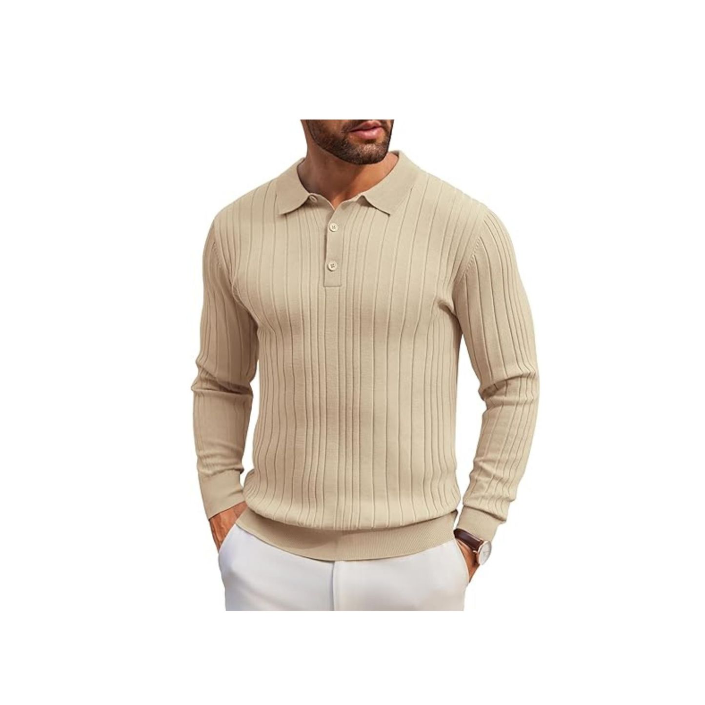 Men's Long-Sleeve Knit Polo: Casual Button-Down with Ribbed Details – Stylish Golf Shirt