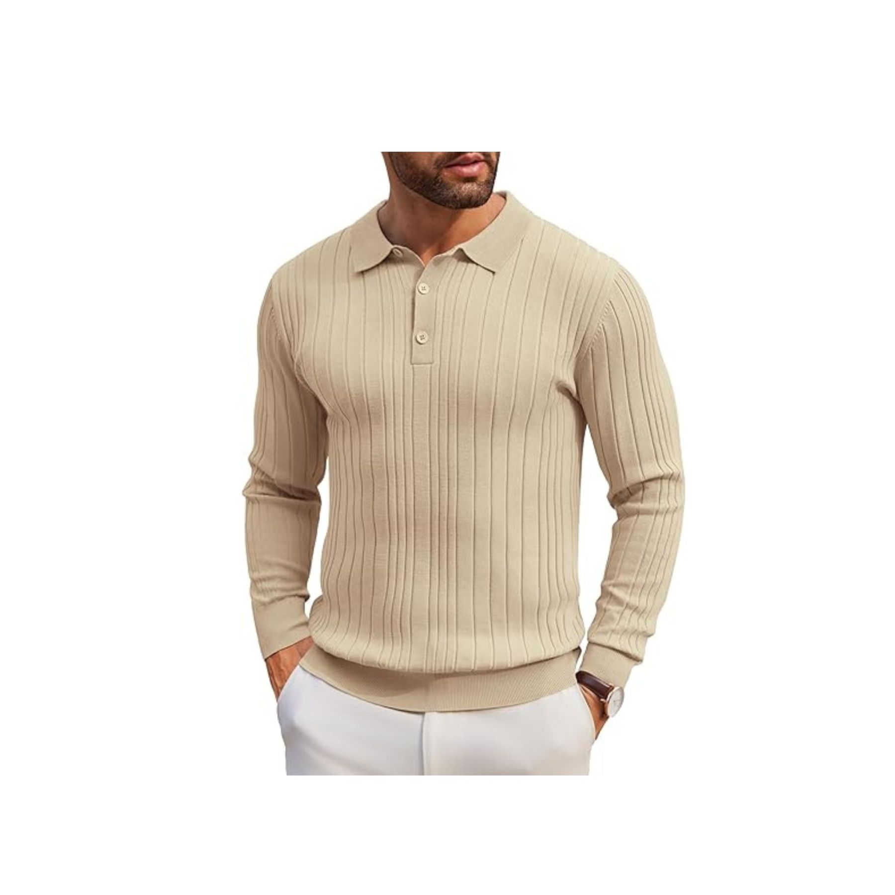 Men's Long-Sleeve Knit Polo: Casual Button-Down with Ribbed Details – Stylish Golf Shirt