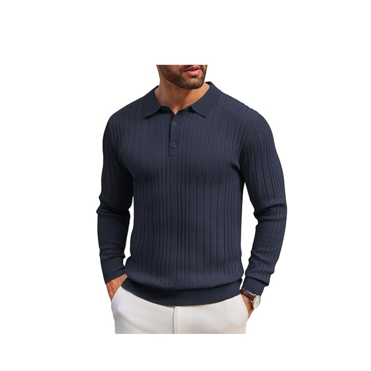 Men's Long-Sleeve Knit Polo: Casual Button-Down with Ribbed Details – Stylish Golf Shirt
