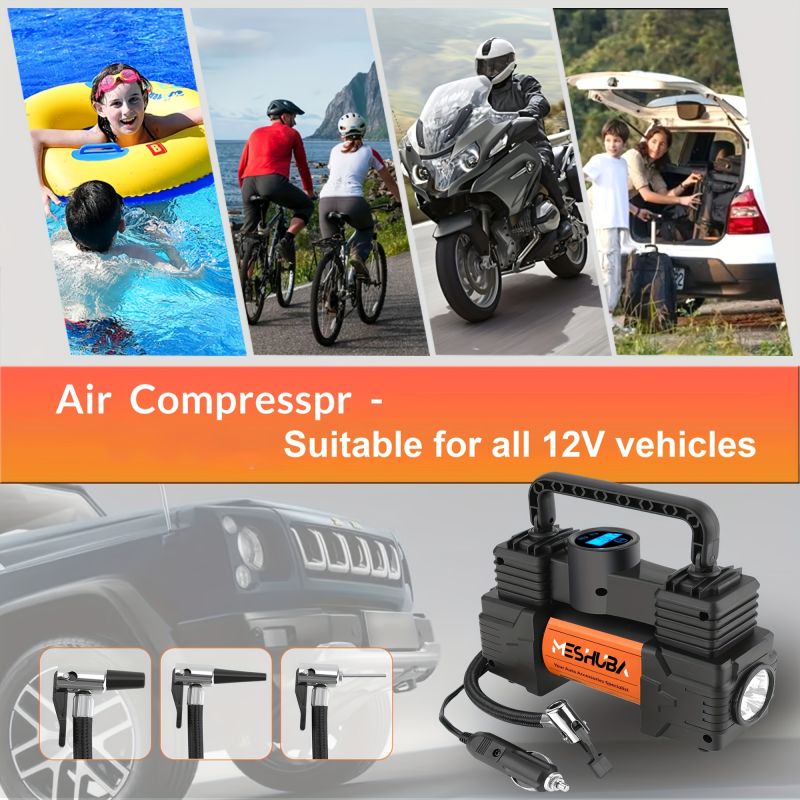 Compresor de aer portabil pentru umflator de anvelope MESHUBA 12V, pompă de anvelope auto 150PSI. Cu manometru digital. Potrivit pentru toate anvelopele auto