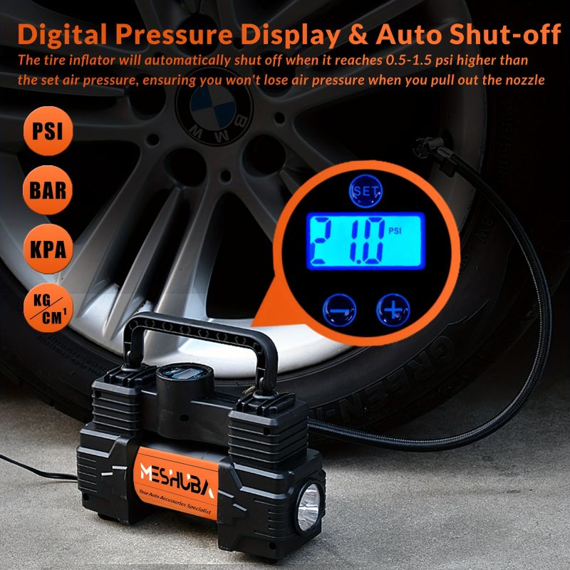 Compresor de aer portabil pentru umflator de anvelope MESHUBA 12V, pompă de anvelope auto 150PSI. Cu manometru digital. Potrivit pentru toate anvelopele auto