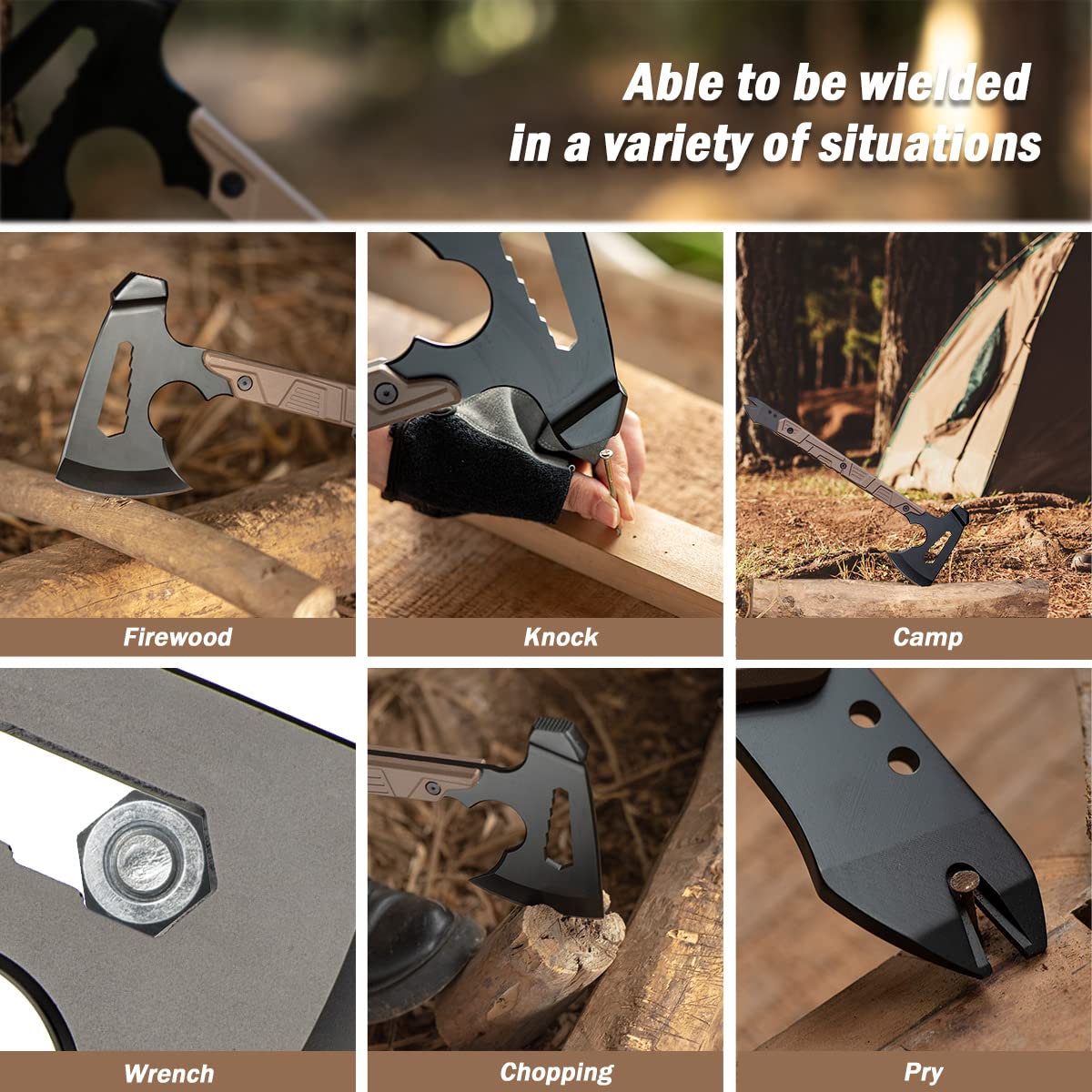 17,5 colių kempingo kirvis Tomahawk su nailoniniu apvalkalu, taktinis ir išgyvenimo kirvis su plaktuku, skirtas kirviui mėtyti, žygiams lauke ir medžio pjaustymui