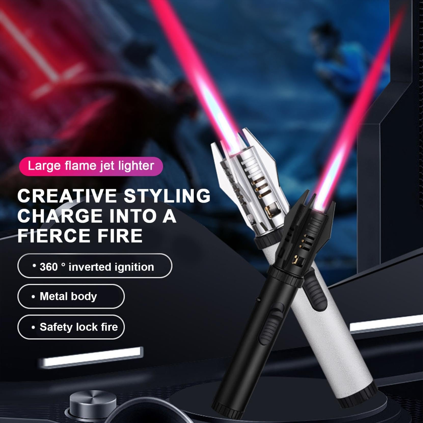 💥💥(FRETE GRATUITO) - Isqueiro de chama de sabre de luz à prova de vento 360°