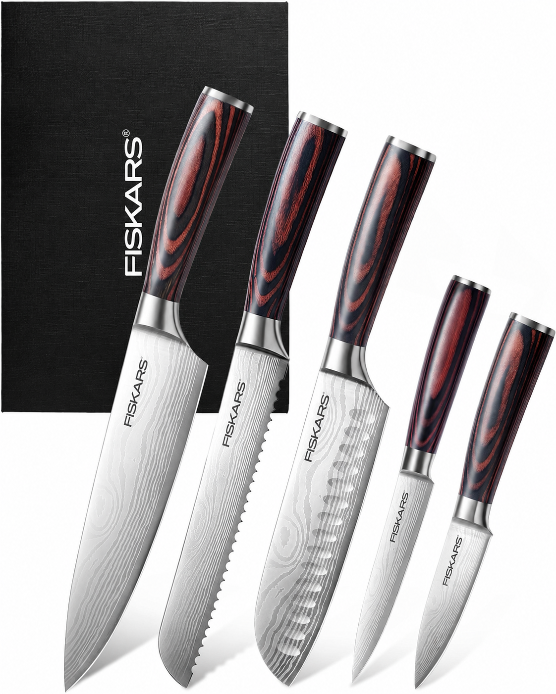 [Copy]Súprava 5 kuchynských nožov FISKARS, s čepeľami z práškovej ocele a vysoko uhlíkovej ocele, kuchárska sada nožov s ergonomickými rukoväťami z pakka dreva