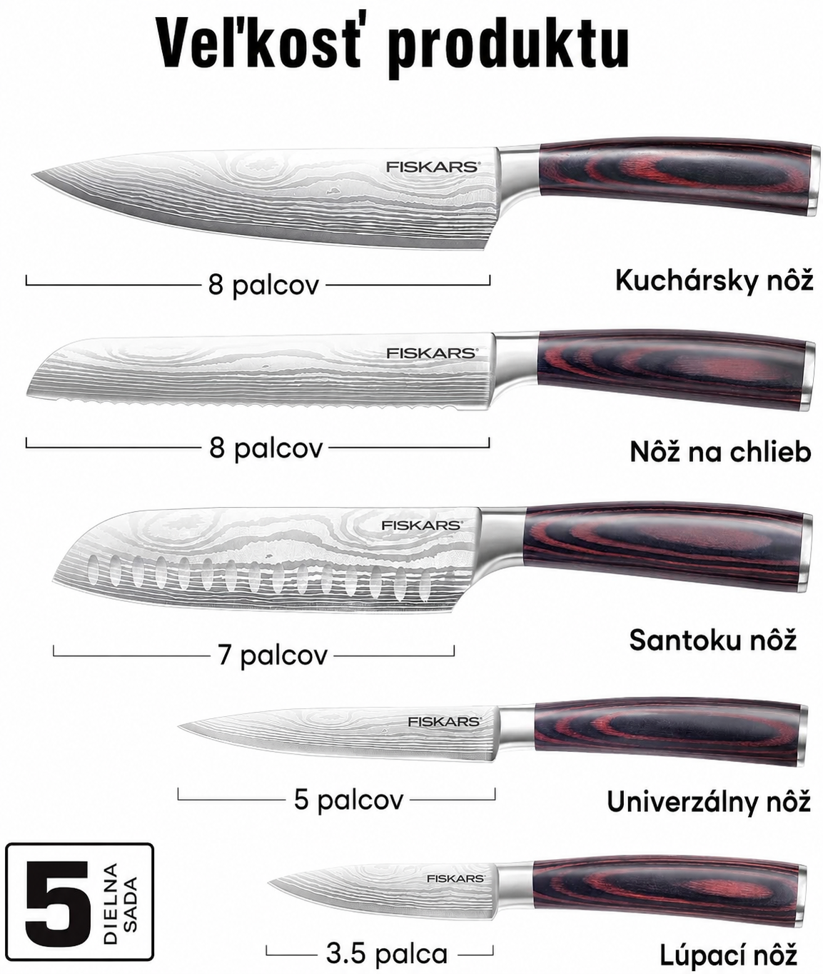[Copy]Súprava 5 kuchynských nožov FISKARS, s čepeľami z práškovej ocele a vysoko uhlíkovej ocele, kuchárska sada nožov s ergonomickými rukoväťami z pakka dreva