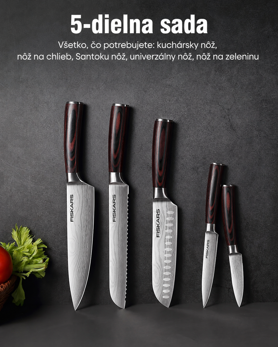 [Copy]Súprava 5 kuchynských nožov FISKARS, s čepeľami z práškovej ocele a vysoko uhlíkovej ocele, kuchárska sada nožov s ergonomickými rukoväťami z pakka dreva