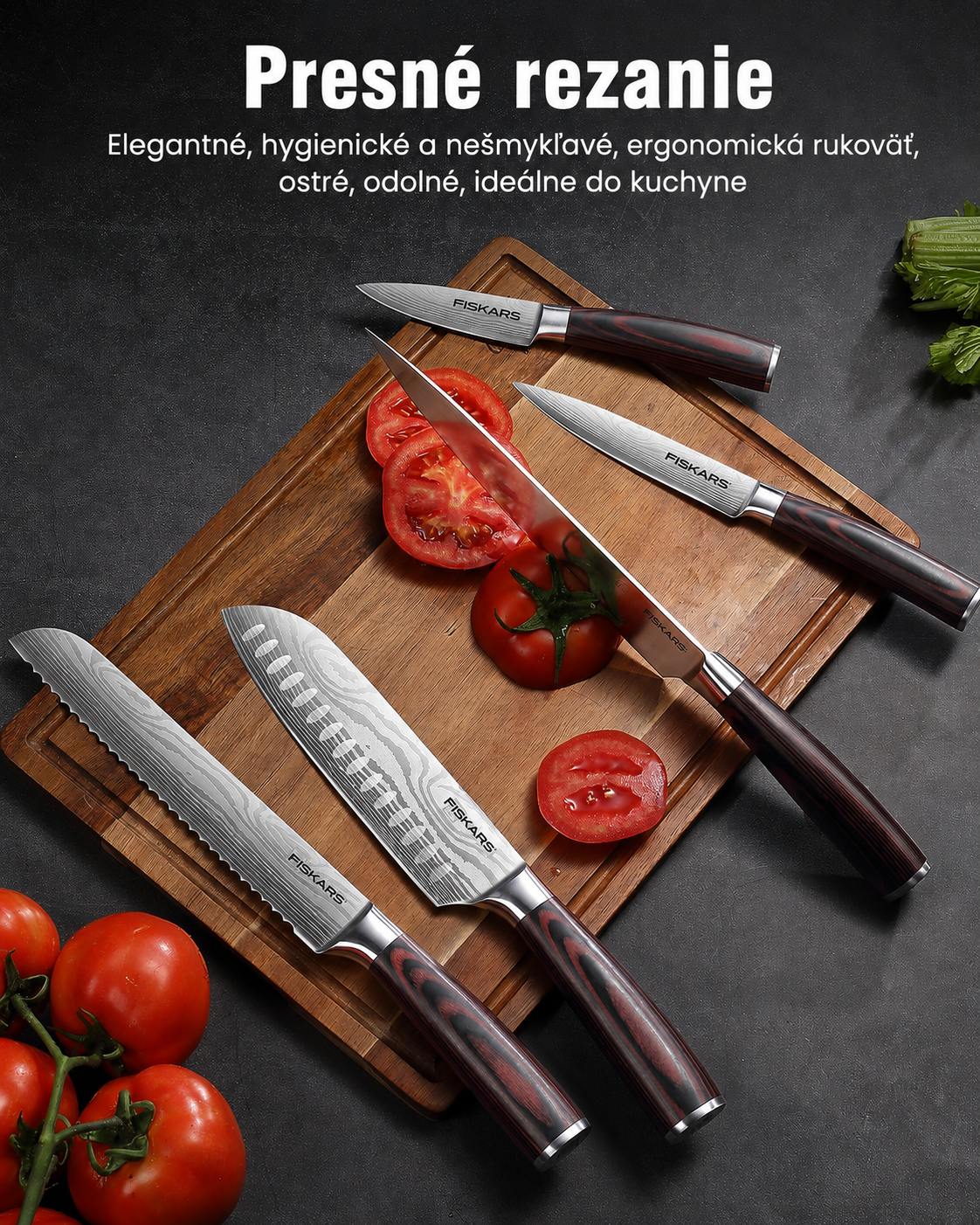 [Copy]Súprava 5 kuchynských nožov FISKARS, s čepeľami z práškovej ocele a vysoko uhlíkovej ocele, kuchárska sada nožov s ergonomickými rukoväťami z pakka dreva