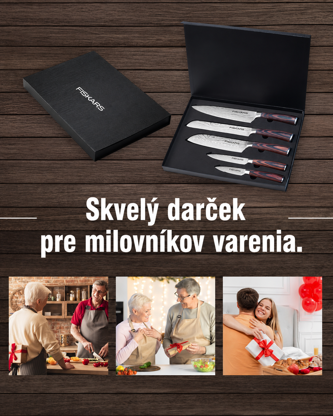[Copy]Súprava 5 kuchynských nožov FISKARS, s čepeľami z práškovej ocele a vysoko uhlíkovej ocele, kuchárska sada nožov s ergonomickými rukoväťami z pakka dreva