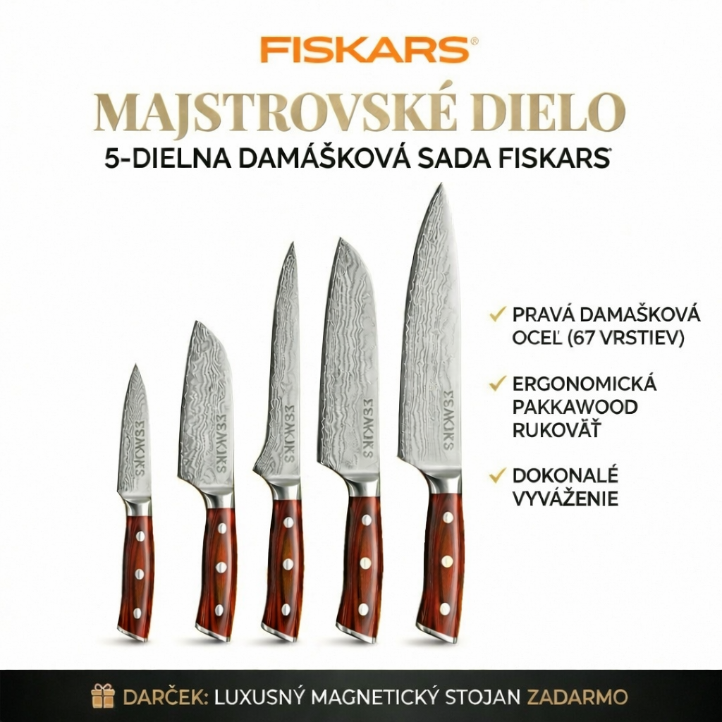 🔪 Luxusná 5-dielna sada nožov SAKURO z pravého damaškového ocele + 🎁 Stojan ZADARMO